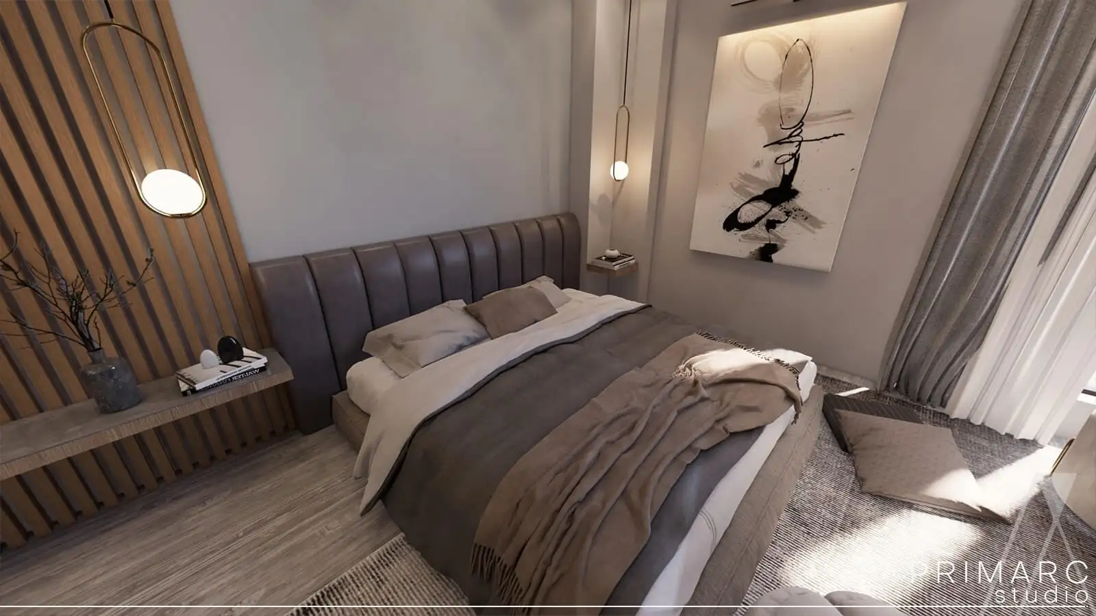 High-quality bedroom render developed using virtual reality in architecture to visualize textures and spatial lighting.