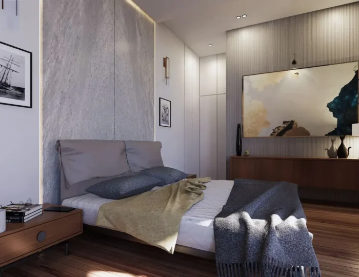 Modern minimalist bedroom featuring a textured marble headboard wall designed by a professional interior designer.