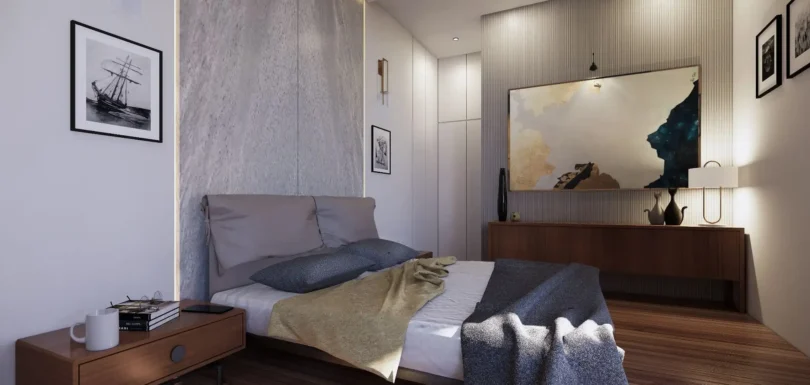 Modern minimalist bedroom featuring a textured marble headboard wall designed by a professional interior designer.