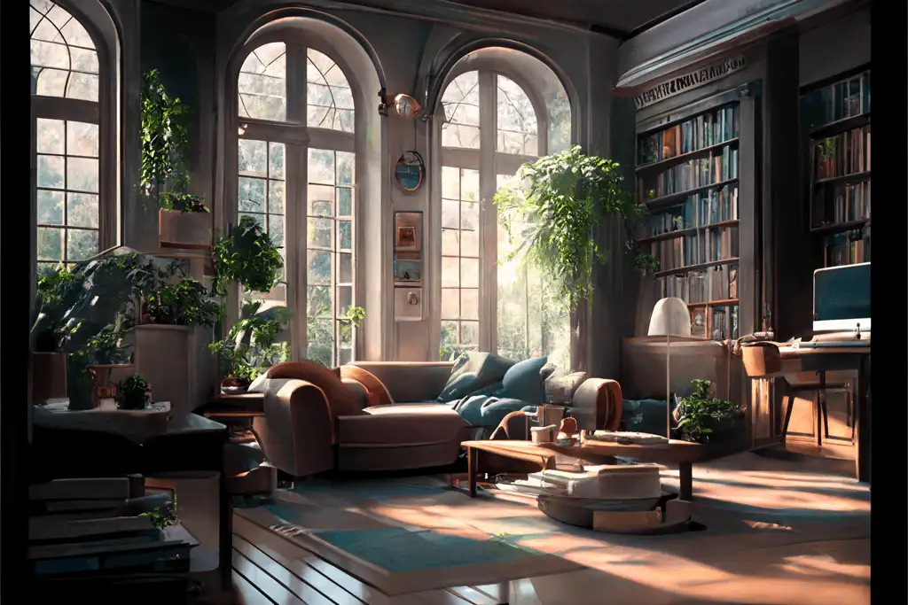 Sun-drenched luxury lounge and home library with arched windows, showcasing the spatial planning of an interior designer.