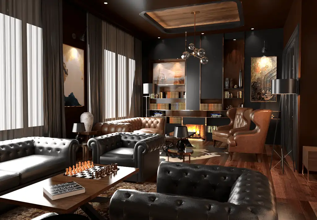 legant dark-themed living room with leather Chesterfield sofas and wood accents, demonstrating the material selection process of an interior designer.