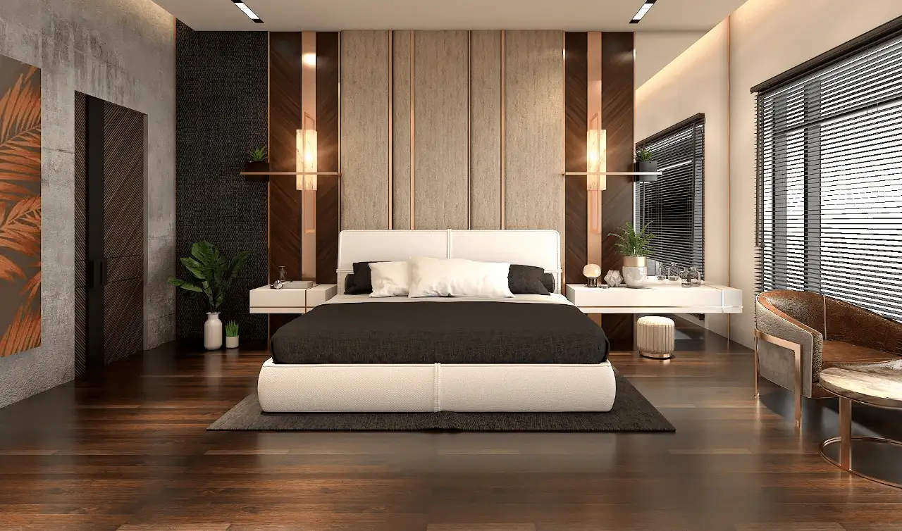 Upscale master suite with vertical wall paneling and integrated lighting, reflecting the harmonious design work of an interior designer.