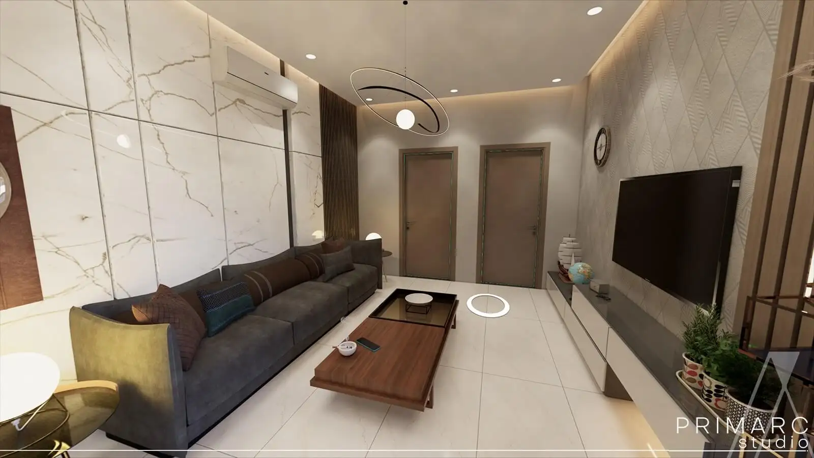 Modern lounge interior with marble wall cladding, viewed through a 360-degree lens used for virtual reality in architecture.